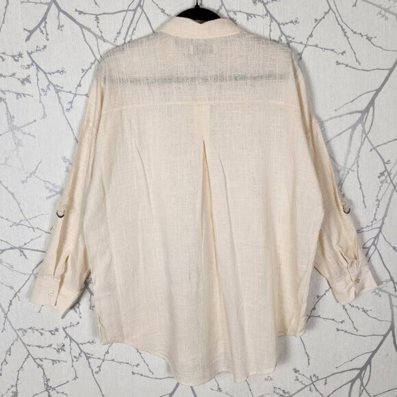 Arkitect Beige Linen Blend Button Up Shirt Roll Tab Sleeve Minimalist Loose - Picture 2 of 5